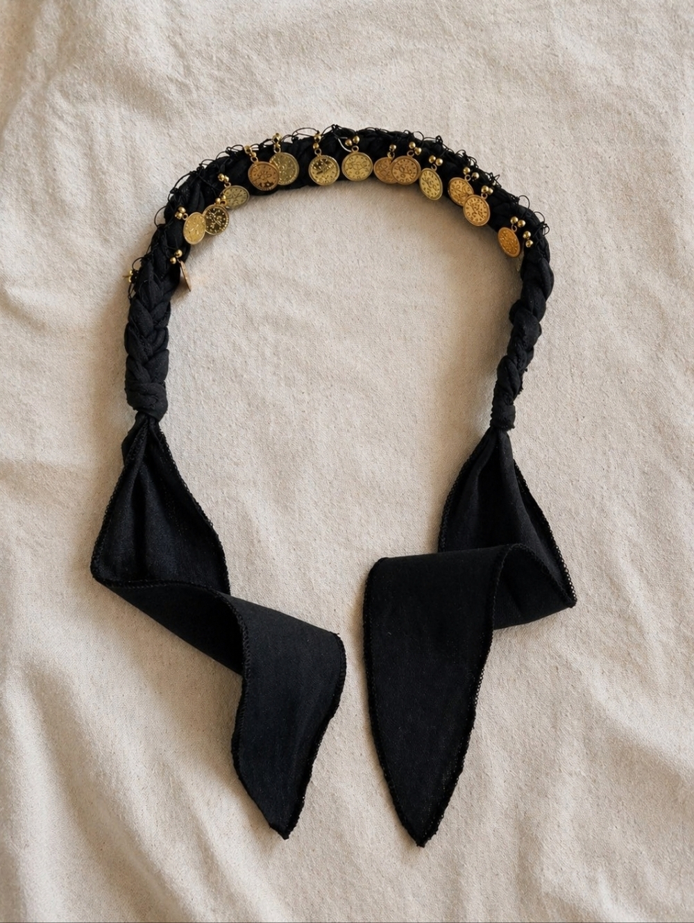 Handmade Black Braided Coin Headband | Gold Charm Boho Hair Accessory